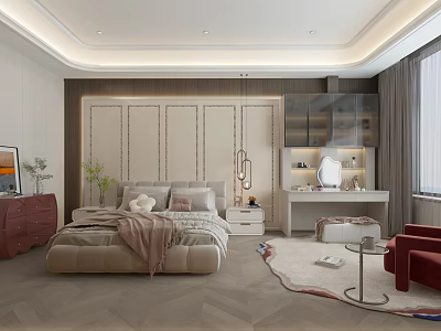 Elegant Modern Bedroom Interior With Beige Bed Bedhead Wall Dressing Table Red Armchair Herringbone Floor 3d model