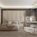 Elegant Modern Bedroom Interior With Beige Bed Bedhead Wall Dressing Table Red Armchair Herringbone Floor