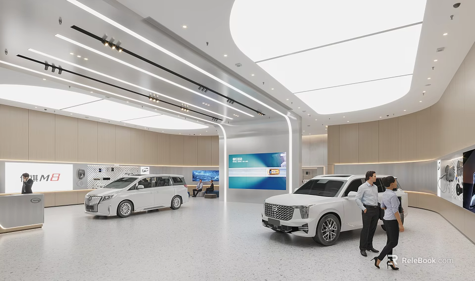 Modern Car Showroom Interior With White Vehicles And People Walking Around Display Area 3d model 