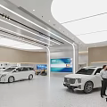 Modern Car Showroom Interior With White Vehicles And People Walking Around Display Area