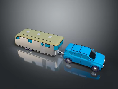 Small Blue Car Towing Yellow Camper Trailer With Windows And Roof 3d model