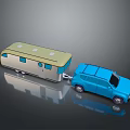 Small Blue Car Towing Yellow Camper Trailer With Windows And Roof