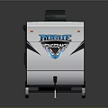 White Impact Travel Trailer With Blue Decorative Accents Black Rooftop Unit Windows And Wheels