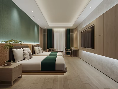 Modern Hotel Room Interior With Twin Beds Green Bed Runners Wooden Floor TV And Greenery 3d model