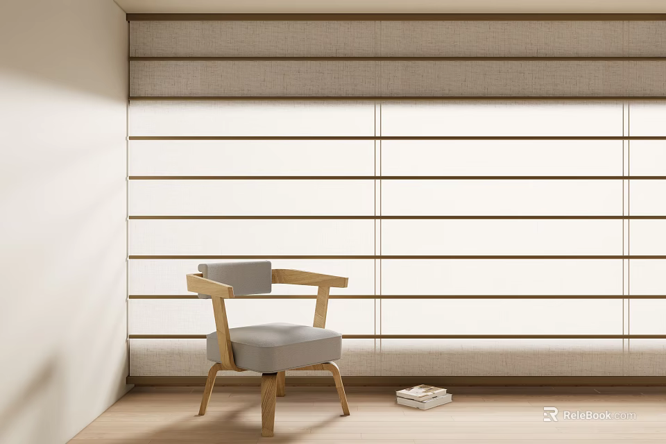 Light Gray Horizontal Striped Roller Curtain in Modern Interior With Wooden Floor Chair And Books 3d model 