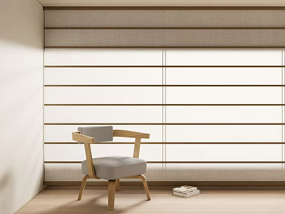 Light Gray Horizontal Striped Roller Curtain in Modern Interior With Wooden Floor Chair And Books 3d model