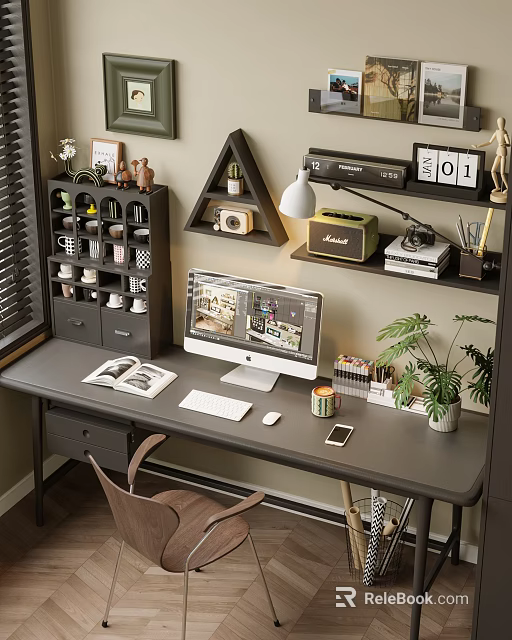 Modern Study Room Interior With Wooden Desk Computer Monitor And Green Plant Decor 3d model 