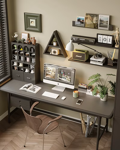 Modern Study Room Interior With Wooden Desk Computer Monitor And Green Plant Decor 3d model