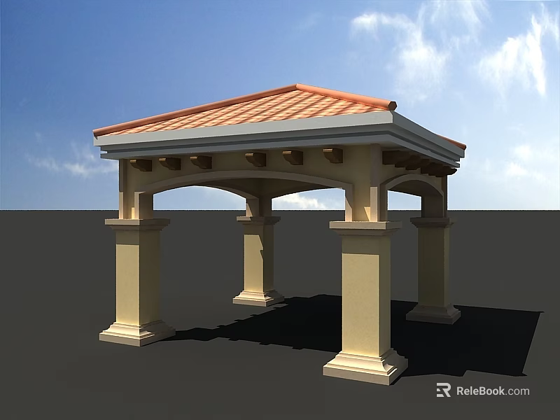 Outdoor Pavilion With Red Tile Roof Beige Columns Arched Design And Blue Sky Background 3d model 