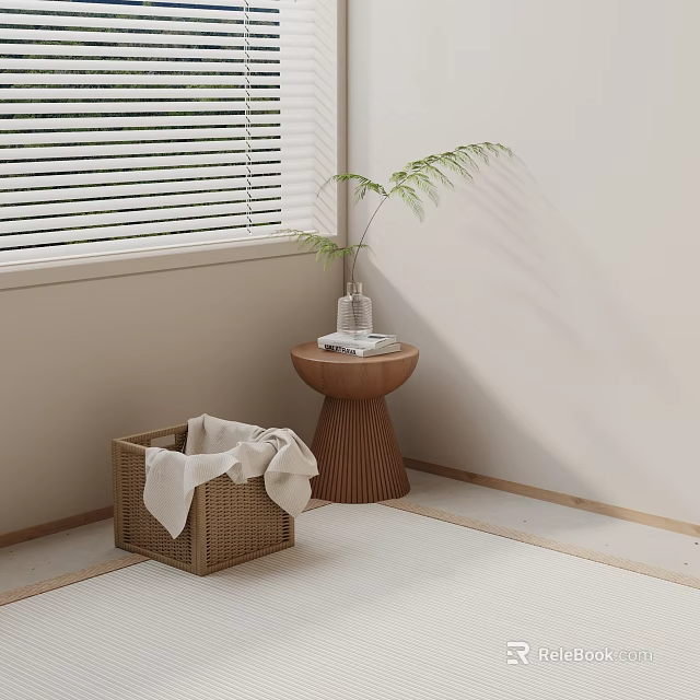 Minimalist Wooden Side Table with Textured Design and Potted Plant Near Woven Basket 3d model 