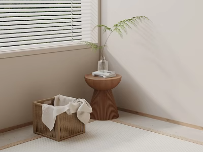 Minimalist Wooden Side Table with Textured Design and Potted Plant Near Woven Basket 3d model