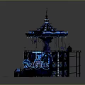 Ornate Circular Carousel Building With Blue Illuminated Lights Staircases And Decorative Top