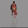 Game Character In Red Uniform With Red Backpack Yellow Triangular Sign Walking On White Background 3d model