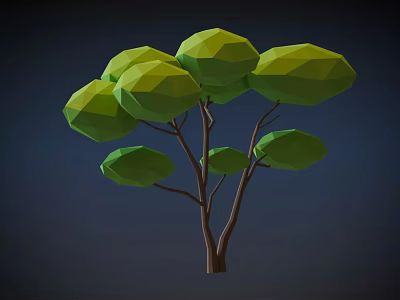 Low Poly Style Tree With Green Leaves And Brown Trunk On Dark Blue Background 3d model