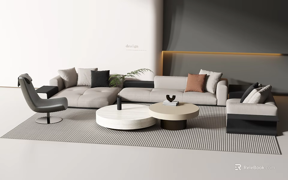 Modern Gray Beige Sofa With Coffee Table Set Accent Chair Striped Rug And Pillows 3d model 