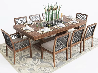 Wooden Dining Table Set With Carved Back Chairs Greenery Vase Tableware And Ornate Rug 3d model