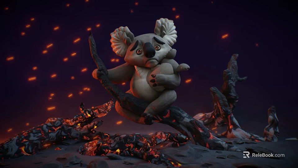 Reptile Lizard Clinging To Branch Amid Lava Flows And Burning Trees 3d model 