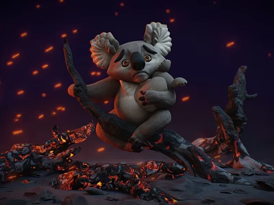 Reptile Lizard Clinging To Branch Amid Lava Flows And Burning Trees 3d model