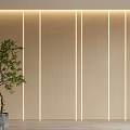 Minimalist Modern Wooden Wall Paneling With Vertical Lines Embedded Lighting And Green Plant Indoor