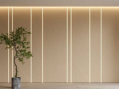 Minimalist Modern Wooden Wall Paneling With Vertical Lines Embedded Lighting And Green Plant Indoor 3d model