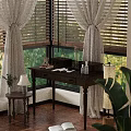 Wooden Desk by Window with Beige Curtains Open Book Photo Frame and Green Plant