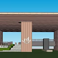Modern Entrance Gate With Metal Structure Columns Canopy Front Lawn And Blue Sky