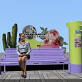 Instagrammable Photo Spot With Purple Bench Yellow Pillar Cactus Ice Cream Decoration NICHE PLAYER Sign