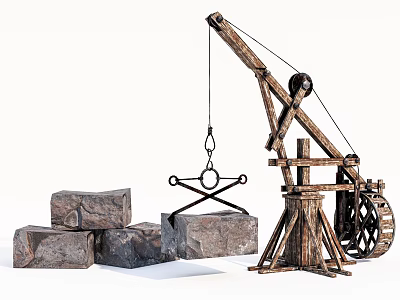 Industrial Equipment Wooden Crane For Heavy Stone Lifting Operation On Construction Site 3d model