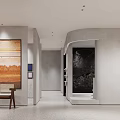 Modern Luxury Display Space With Colorful Items Display Cabinets White Counter Chairs And Plants