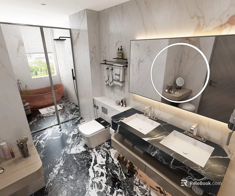Modern Bathroom Interior Design With Marble Countertop Double Sinks And Large Mirror 3d model 