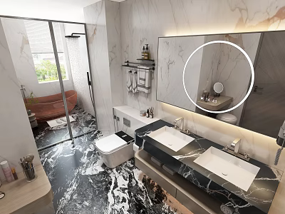 Modern Bathroom Interior Design With Marble Countertop Double Sinks And Large Mirror 3d model