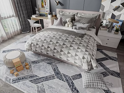 Children's Bed With Geometric Bedding Plush Toy Desk And Blue White Rug In Kids Room 3d model