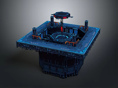 Sci-Fi Platform Structure With Circular Central Core And Orange Pipes Blue Tech Details Control Tower 3d model