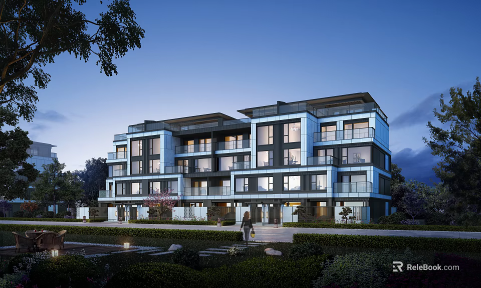 Modern Multi storey Townhouse Exterior With Glass Windows Balconies And Landscaped Garden 3d model 