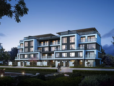 Modern Multi storey Townhouse Exterior With Glass Windows Balconies And Landscaped Garden 3d model