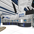 Modern Ticket Counter Front Desk with Striped Ceiling Marble Walls Screens and Circular Floor Patterns