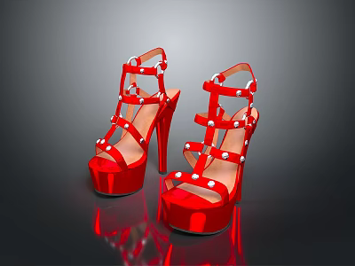 Red Strappy High Heels With Pearl Embellishments And Platform Stiletto Sole 3d model