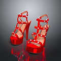 Red Strappy High Heels With Pearl Embellishments And Platform Stiletto Sole