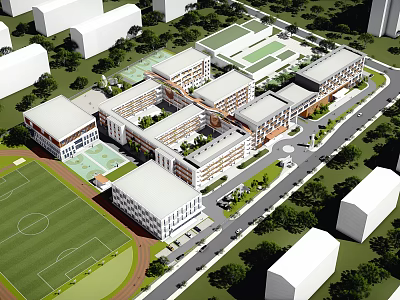 Modern School Buildings With Football Field Playground And Green Courtyard Area 3d model