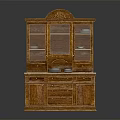 Traditional Wooden Sideboard With Carved Top Glass Doors Dishes Inside And Storage Drawers