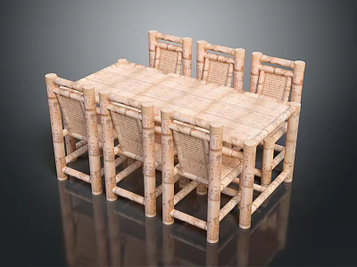 Natural Wooden Dining Table Set with Six Woven Chairs Rustic Design 3d model