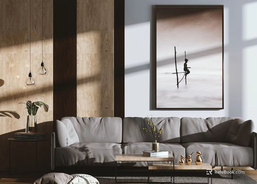 Light Gray Three Seater Sofa with Wooden Wall Hanging Lights Decorative Painting and Coffee Table 3d model 