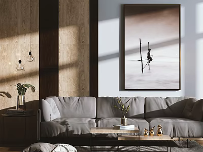 Light Gray Three Seater Sofa with Wooden Wall Hanging Lights Decorative Painting and Coffee Table 3d model