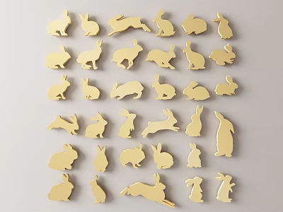 Golden Rabbit Wall Decor with Various Poses and Shapes on White Background 3d model