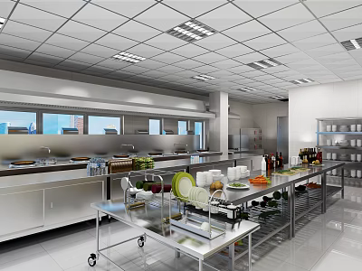 Commercial Catering Kitchen Interior With Stainless Steel Worktables Shelves And Windows 3d model