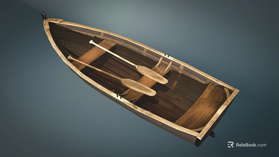 Vintage Wooden Boat With Two Wooden Oars And Natural Wood Structure 3d model 