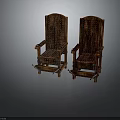 Rustic Vintage Carved Wooden Chairs With High Back Design And Metal Accents
