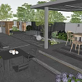 Elegant Courtyard Garden With Outdoor Dining Table Chairs Lilac Flowers Green Plants And Pergola