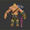 Muscular Male Character With Red Hair Shirtless Torso Blue Bracers Brown Belt And Ornate Weapon