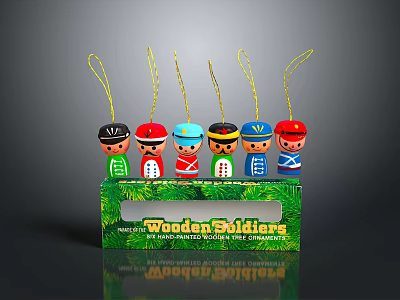 Wooden Soldiers Decorative Figures With Colorful Hats Traditional Clothing And Green Packaging Box 3d model